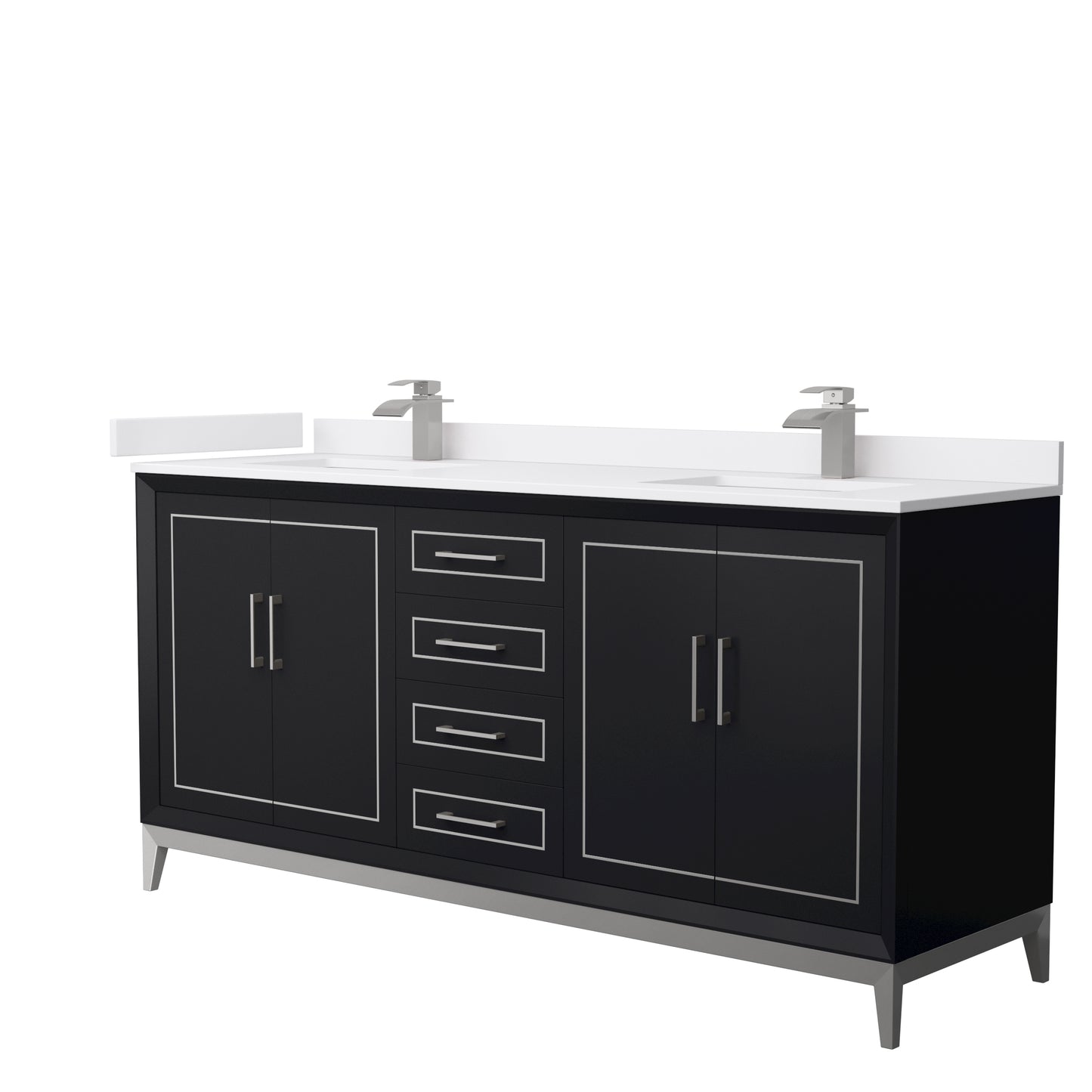 Marlena 72 " Double Vanity in Black, White  Marble Top, Sinks, Nickel Trim