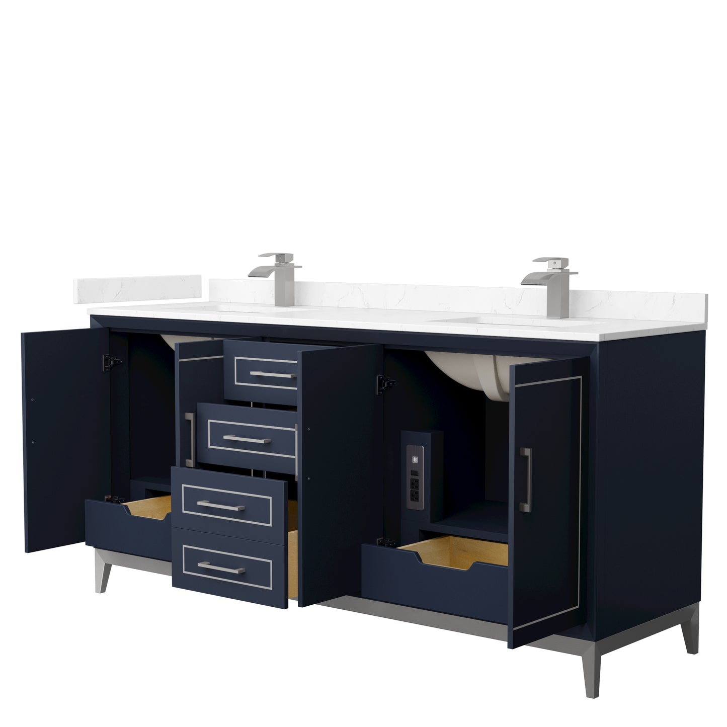 Marlena 72 " Double Vanity in Dark Blue, Carrara  Marble Top, Sinks, Nickel Trim