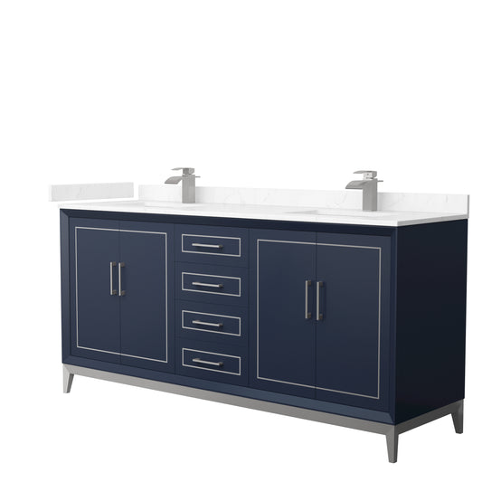 Marlena 72 " Double Vanity in Dark Blue, Carrara  Marble Top, Sinks, Nickel Trim