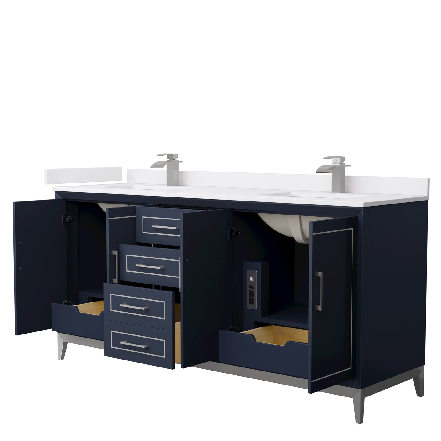 Marlena 72 " Double Vanity in Dark Blue, White  Marble Top, Sinks, Nickel Trim
