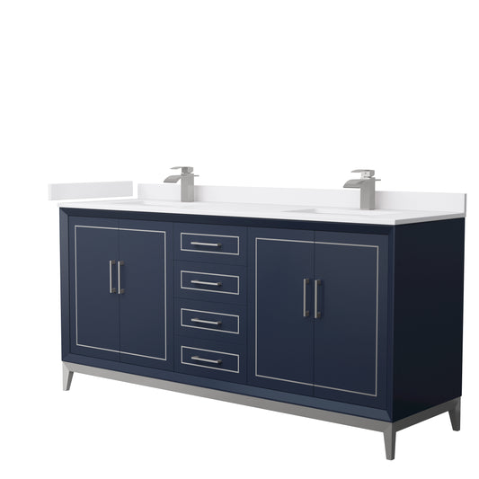 Marlena 72 " Double Vanity in Dark Blue, White  Marble Top, Sinks, Nickel Trim