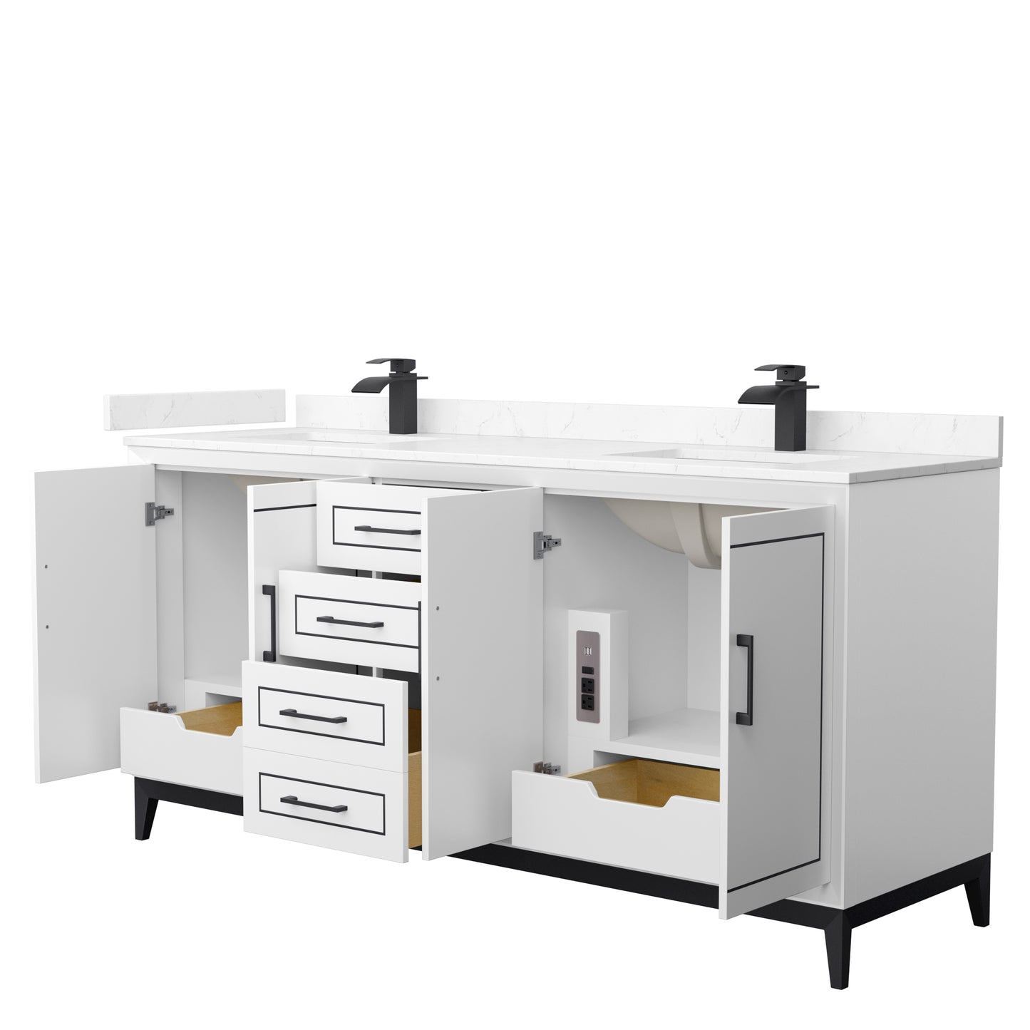 Marlena 72 " Double Vanity in White, Carrara  Marble Top, Sinks, Black Trim