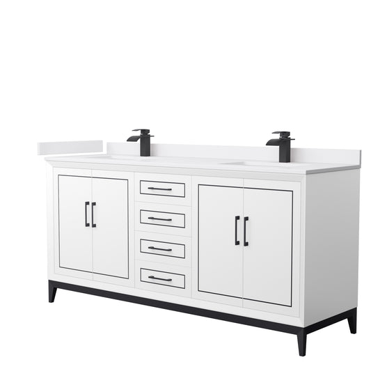 Marlena 72 " Double Vanity in White, White  Marble Top, Sinks, Black Trim