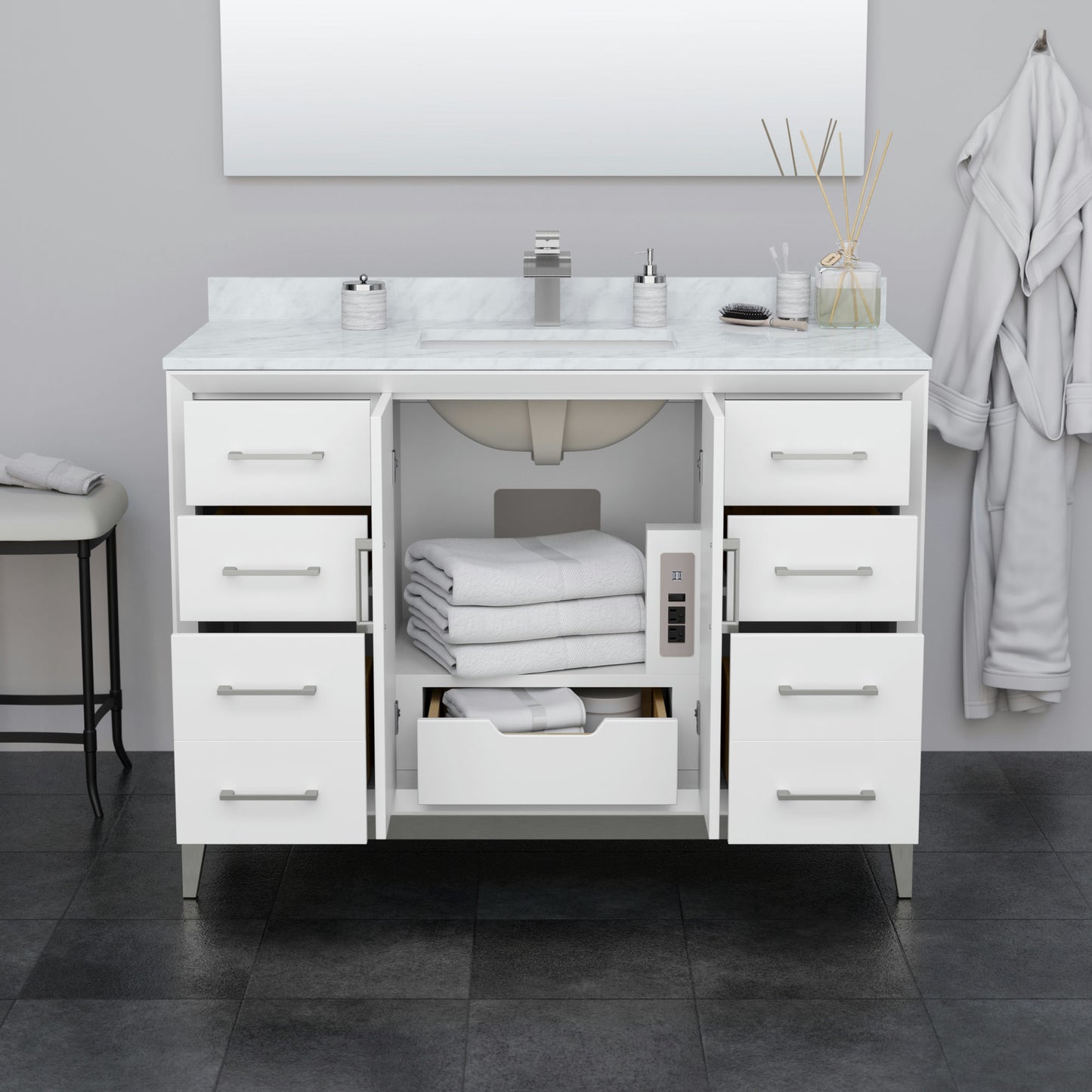 Amici 48 Inch Bathroom Vanity, Carrara Cultured Marble Countertop, Black Trim