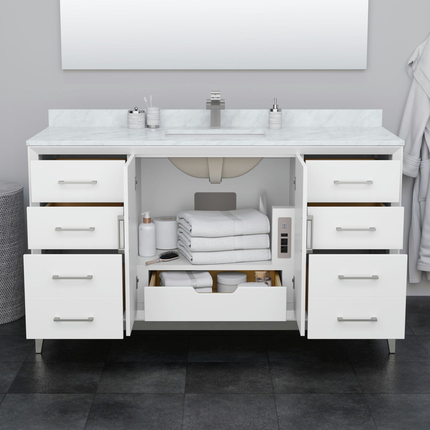 Amici 60 Inch Single Bathroom Vanity, Carrara Marble Countertop, Black Trim