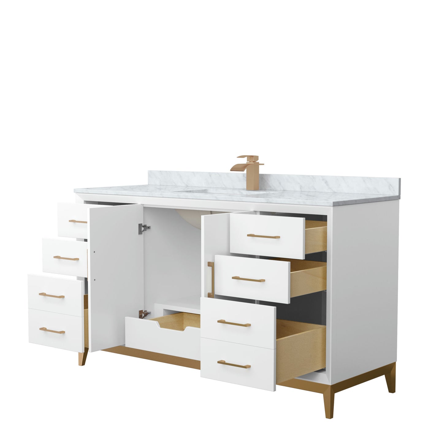 Amici 60 Inch Single Bathroom Vanity, Carrara Marble Countertop, Bronze Trim