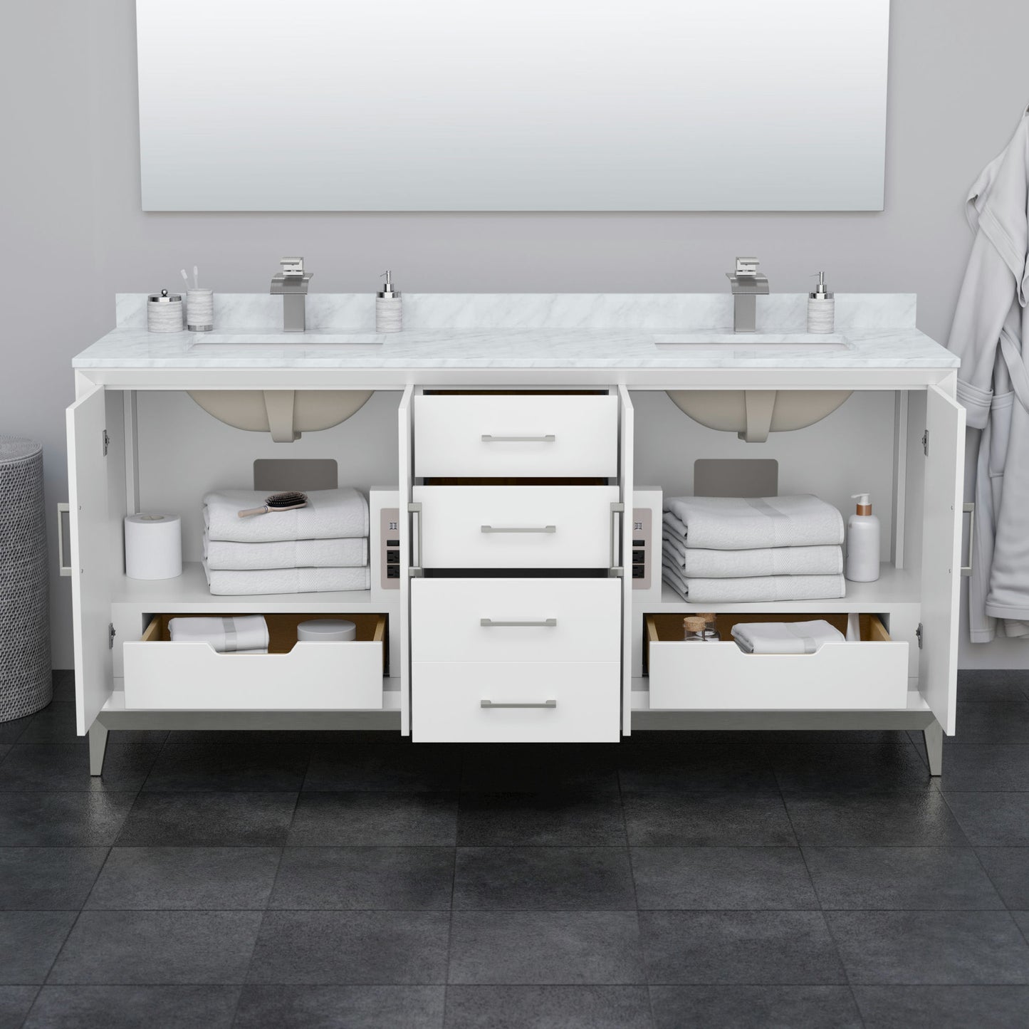 Amici 72 Inch Double Bathroom Vanity in White, No Sink, Matte Black Trim