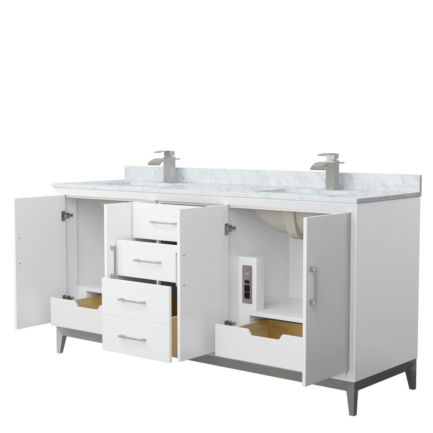 Amici 72 Inch Bathroom Vanity, Carrara Marble Countertop, Brushed Nickel Trim