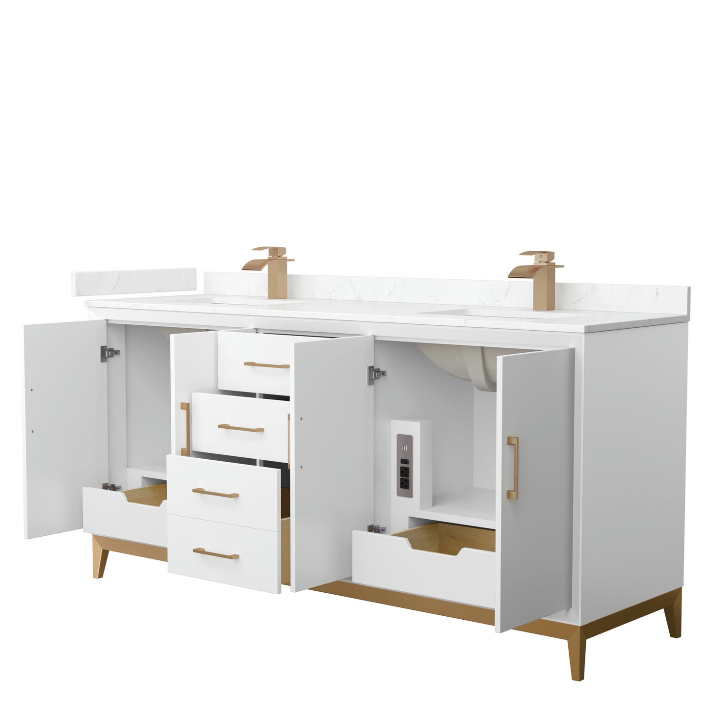 Amici 72 Inch Bathroom Vanity, Carrara Cultured Marble Countertop, Bronze Trim