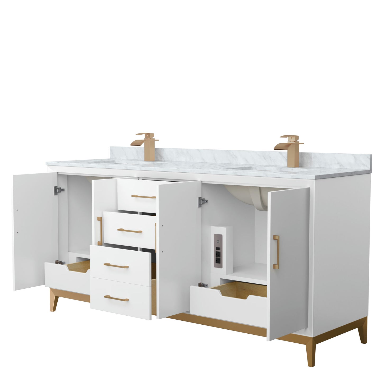 Amici 72 Inch Double Bathroom Vanity, Carrara Marble Countertop, Bronze Trim