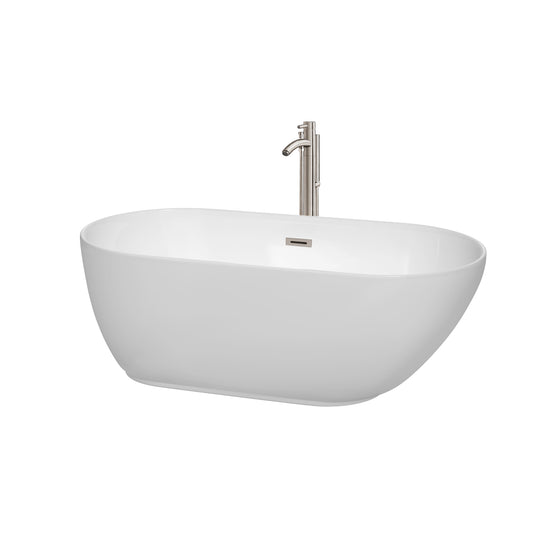 Melissa 60" Freestanding Bathtub in White, Faucet, Overflow Trim in Nickel