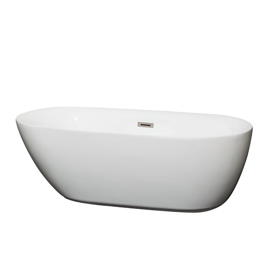 Melissa 65" Freestanding Bathtub in White, Brushed Nickel Drain, Overflow Trim