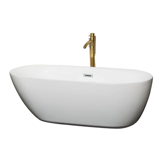 Melissa 65" Freestanding Bathtub in White, Chrome Trim, Faucet in Brushed Gold