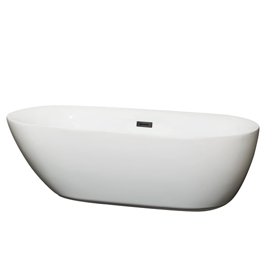 Melissa 71" Freestanding Bathtub in White, Matte Black Drain, Overflow Trim