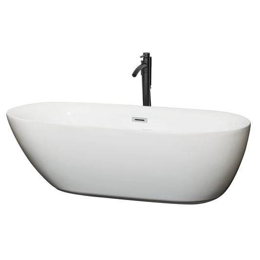 Melissa 71" Freestanding Bathtub in White, Polished Chrome Trim, Faucet in Black