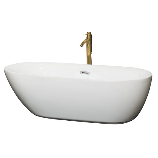 Melissa 71" Freestanding Bathtub in White, Chrome Trim, Faucet in Brushed Gold