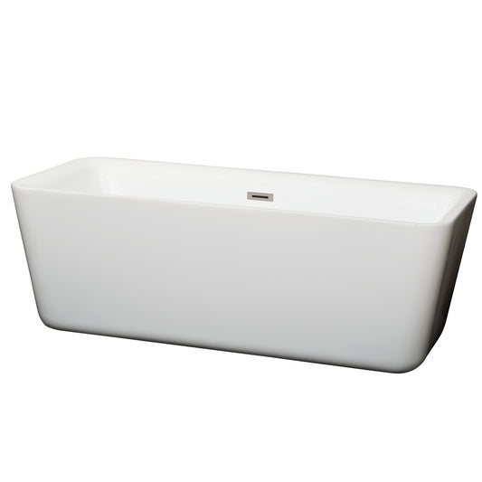 Emily 69" Freestanding Bathtub in White, Brushed Nickel Drain, Overflow Trim