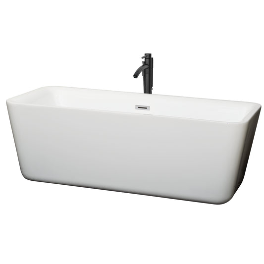 Emily 69" Freestanding Bathtub in White, Polished Chrome Trim, Faucet in Black