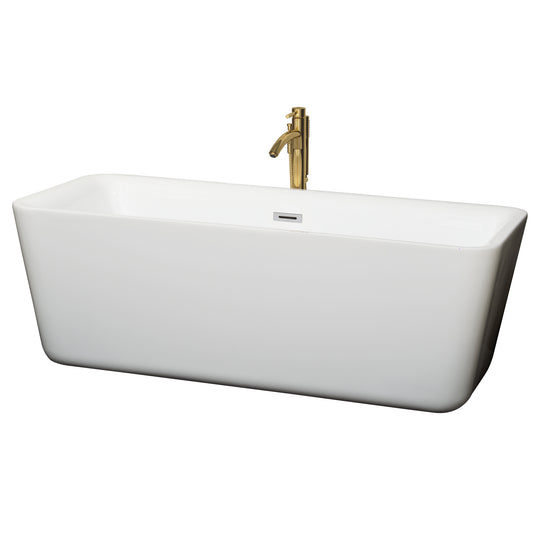 Emily 69" Freestanding Bathtub in White, Chrome Trim, Faucet in Brushed Gold