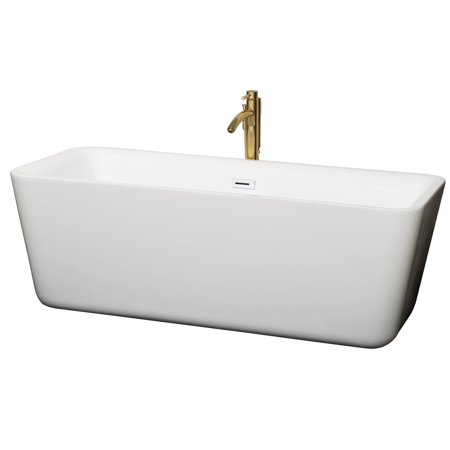 Emily 69" Freestanding Bathtub in White, White Trim, Faucet in Brushed Gold