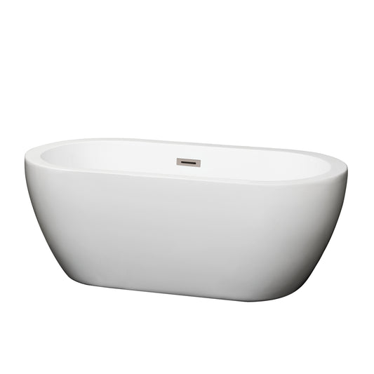 Soho 60" Freestanding Bathtub in White, Brushed Nickel Drain, Overflow Trim