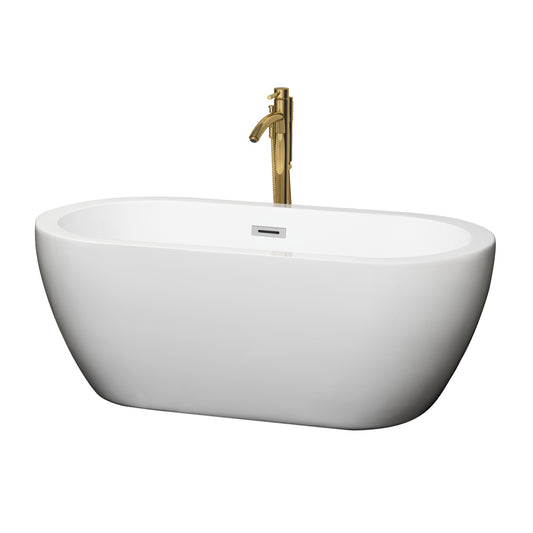 Soho 60" Freestanding Bathtub in White, Chrome Trim, Faucet in Brushed Gold