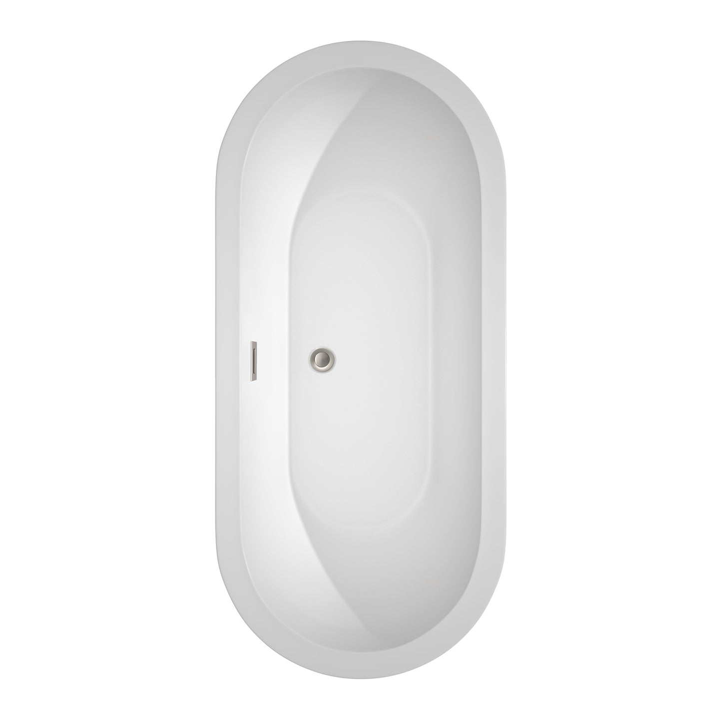 Soho 68" Freestanding Bathtub in White, Brushed Nickel Drain, Overflow Trim