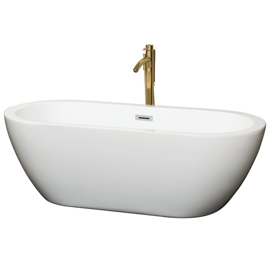 Soho 68" Freestanding Bathtub in White, Chrome Trim, Faucet in Brushed Gold