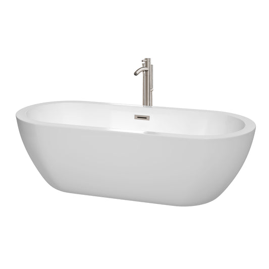 Soho 72 inch Freestanding Bathtub in White with Floor Mounted Faucet, Drain and Overflow Trim in Brushed Nickel