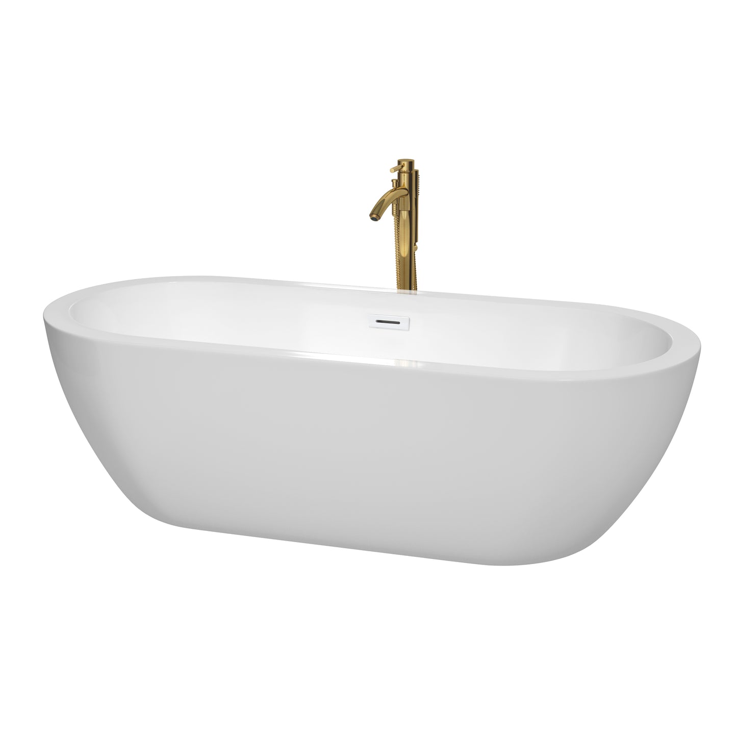 Soho 72" Freestanding Bathtub in White, Shiny White Trim, Faucet in Brushed Gold