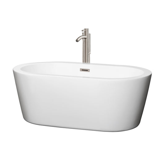 60" Freestanding Bathtub in White, Overflow Trim in Nickel