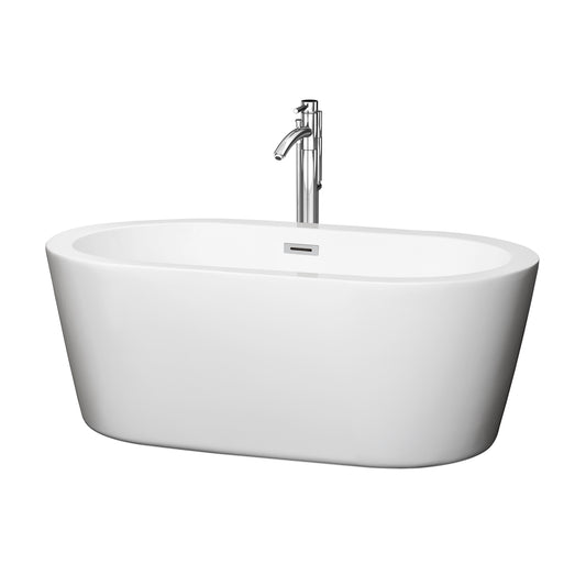 Mermaid 60 inch Freestanding Bathtub in White with Floor Mounted Faucet, Drain and Overflow Trim in Polished Chrome