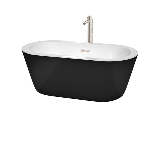 Mermaid 60" Freestanding Bathtub in Black, Overflow Trim in Brushed Nickel