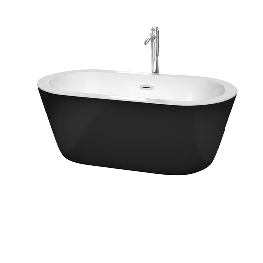 Mermaid 60" Freestanding Bathtub in Black, Overflow Trim in Polished Chrome