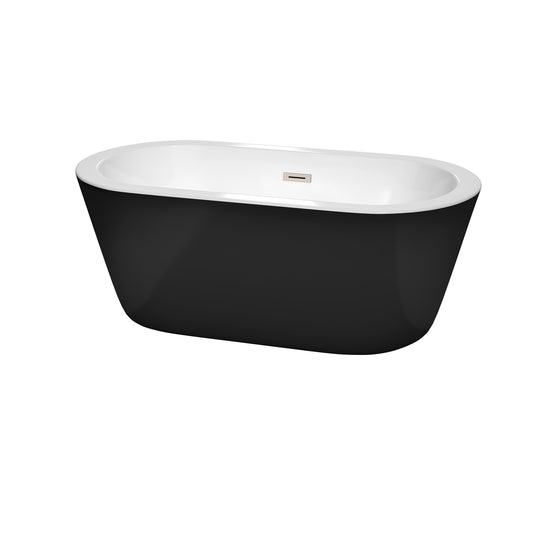 Mermaid 60" Freestanding Bathtub in Black, Brushed Nickel Drain, Overflow Trim