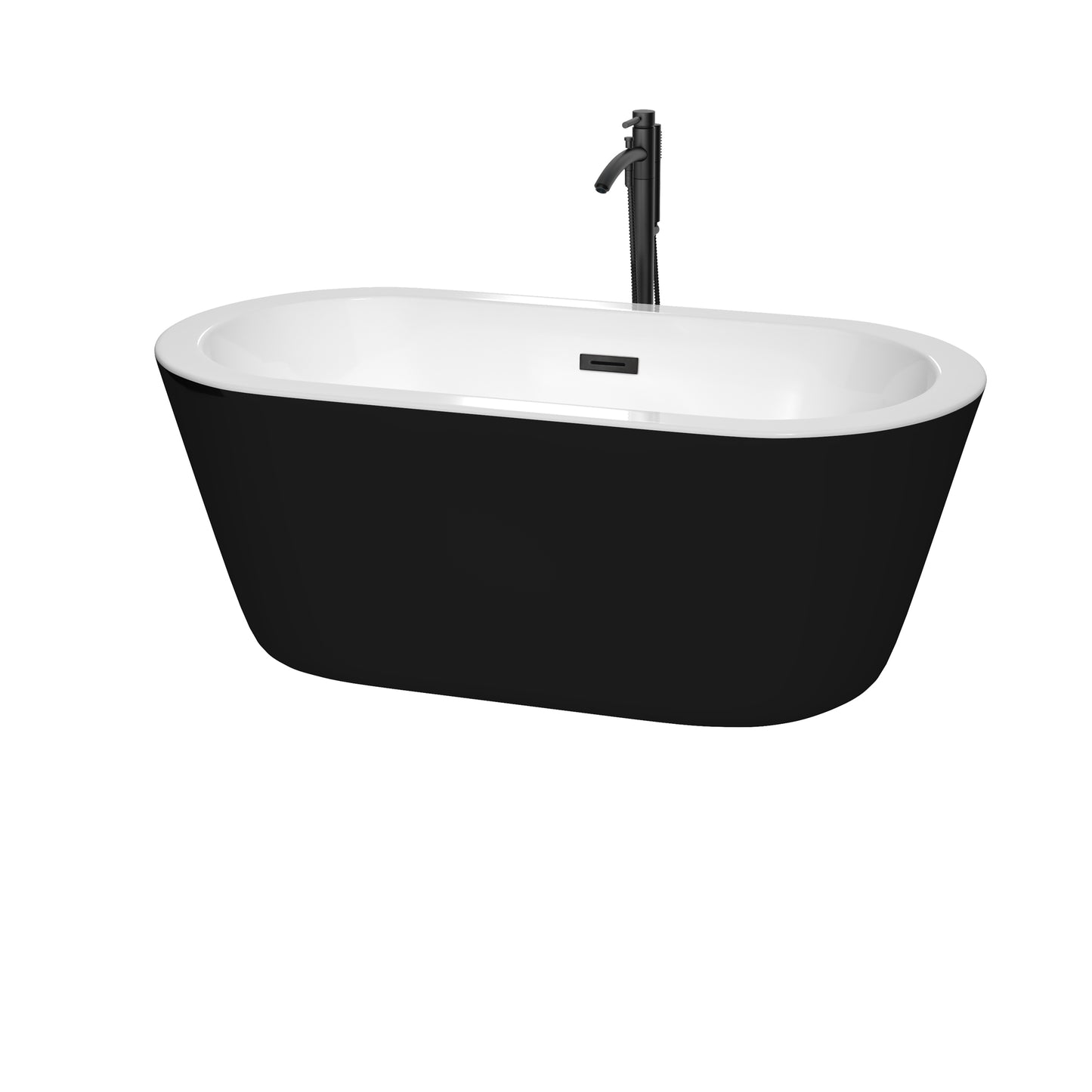 Mermaid 60" Freestanding Bathtub in Black, Overflow Trim in Matte Black