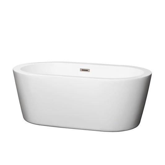 Mermaid 60" Freestanding Bathtub in White, Brushed Nickel Drain, Overflow Trim