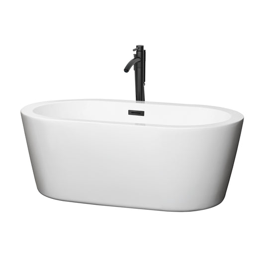 Mermaid 60" Freestanding Bathtub in White, Overflow Trim in Matte Black