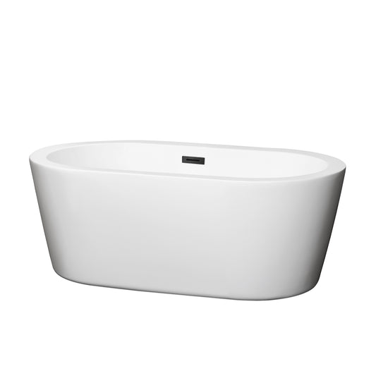 Mermaid 60" Freestanding Bathtub in White, Matte Black Drain, Overflow Trim