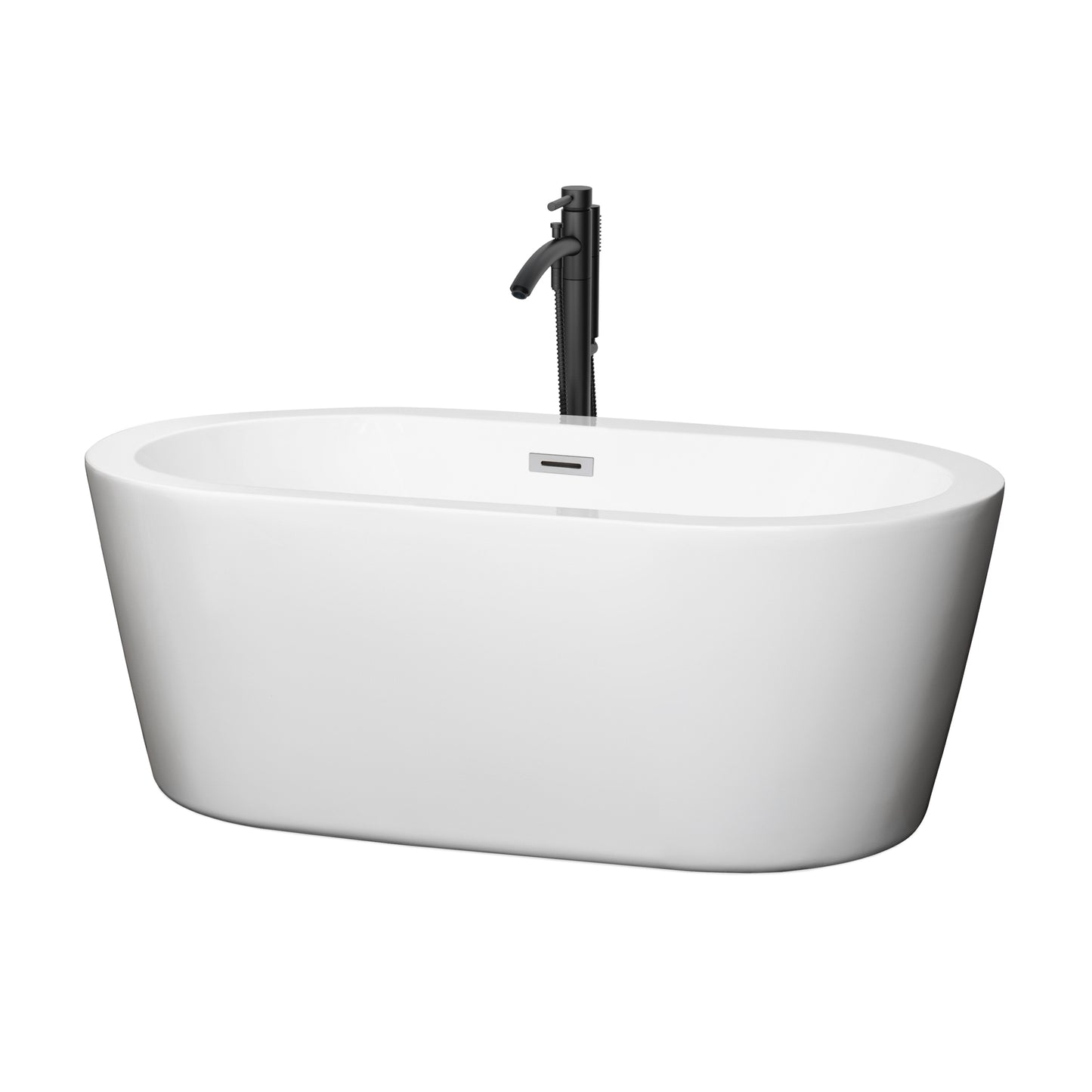 Mermaid 60" Freestanding Bathtub in White, Polished Chrome Trim, Faucet in Black