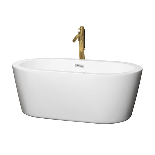 Mermaid 60" Freestanding Bathtub in White, Chrome Trim, Faucet in Brushed Gold