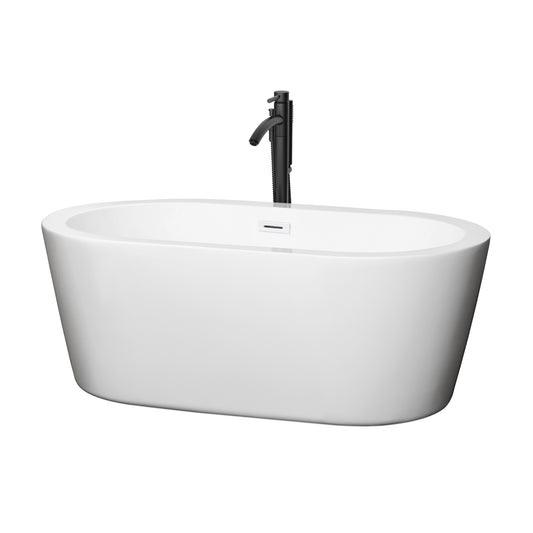 Mermaid 60" Freestanding Bathtub in White, Shiny White Trim, Faucet in Black