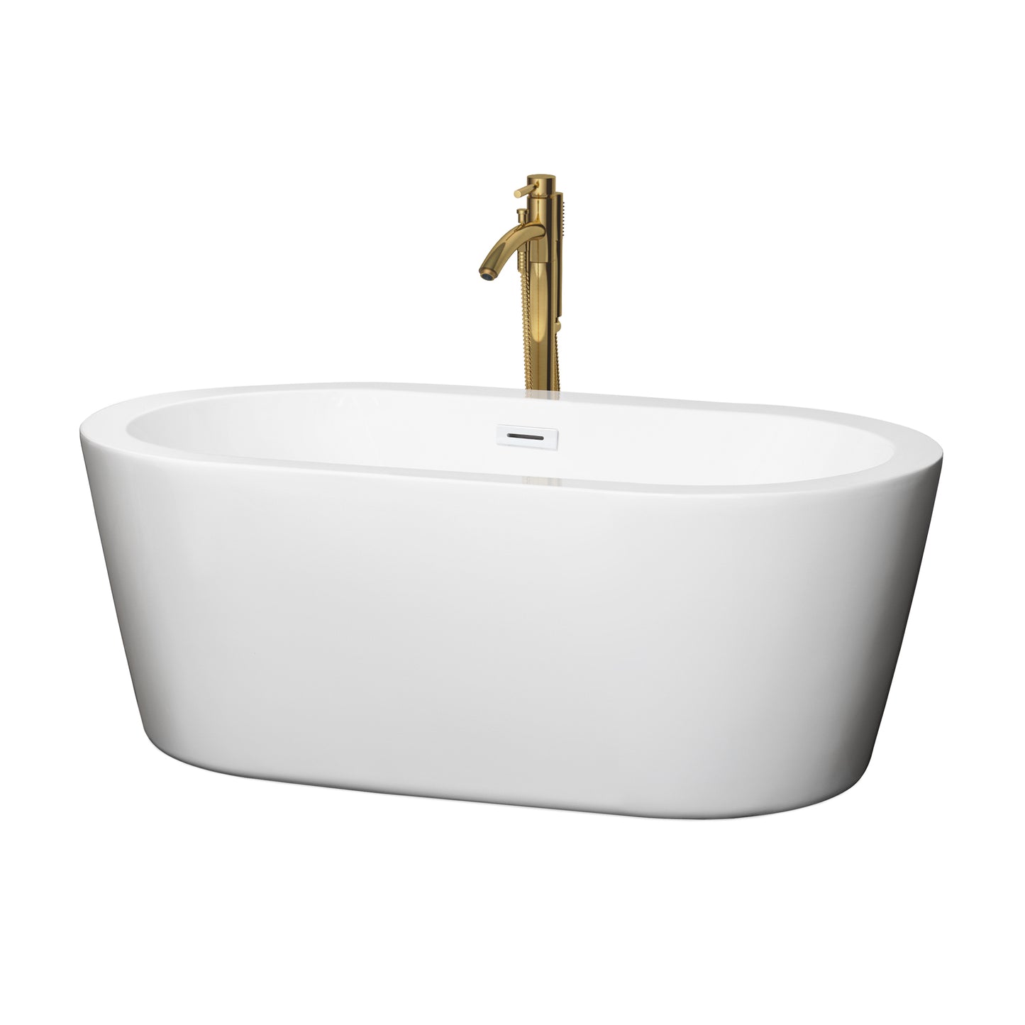 Mermaid 60" Freestanding Bathtub in White, White Trim, Faucet in Brushed Gold