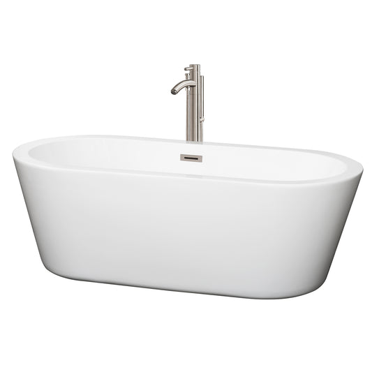 Mermaid 67" Freestanding Bathtub in White, Faucet, Overflow Trim in Nickel