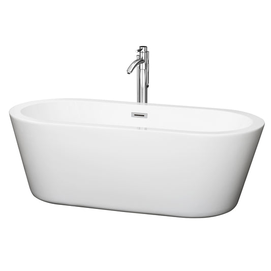 Mermaid 67" Freestanding Bathtub in White, Faucet, Overflow Trim in Chrome