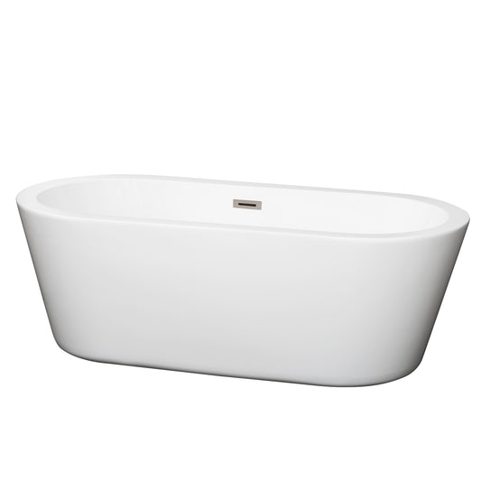 Mermaid 67" Freestanding Bathtub in White, Brushed Nickel Drain, Overflow Trim