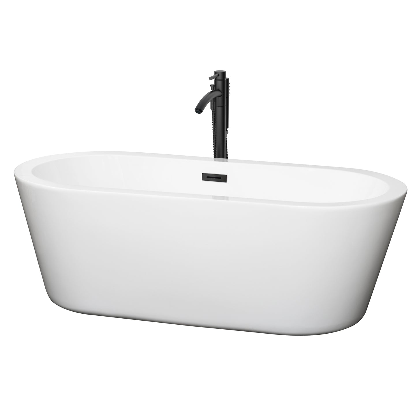 Mermaid 67" Freestanding Bathtub in White, Overflow Trim in Matte Black