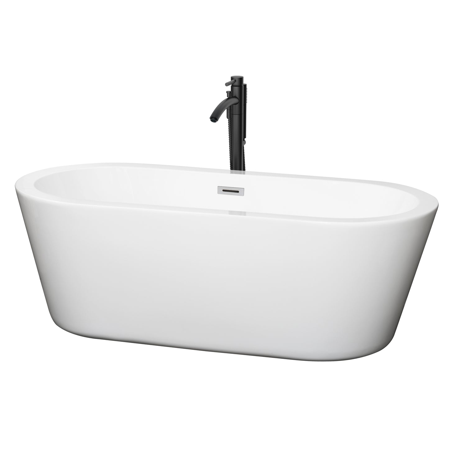 Mermaid 67" Freestanding Bathtub in White, Polished Chrome Trim, Faucet in Black