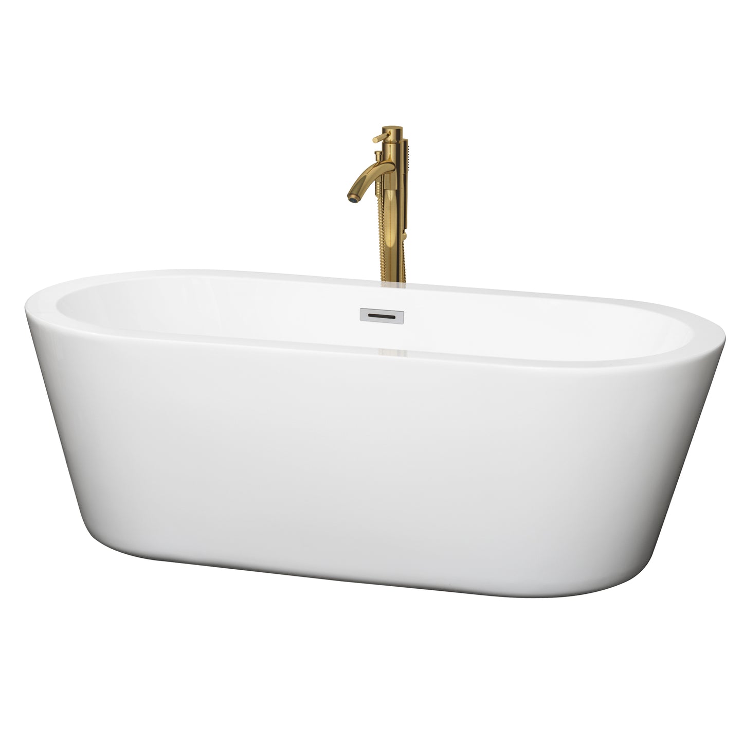 Mermaid 67" Freestanding Bathtub in White, Chrome Trim, Faucet in Brushed Gold