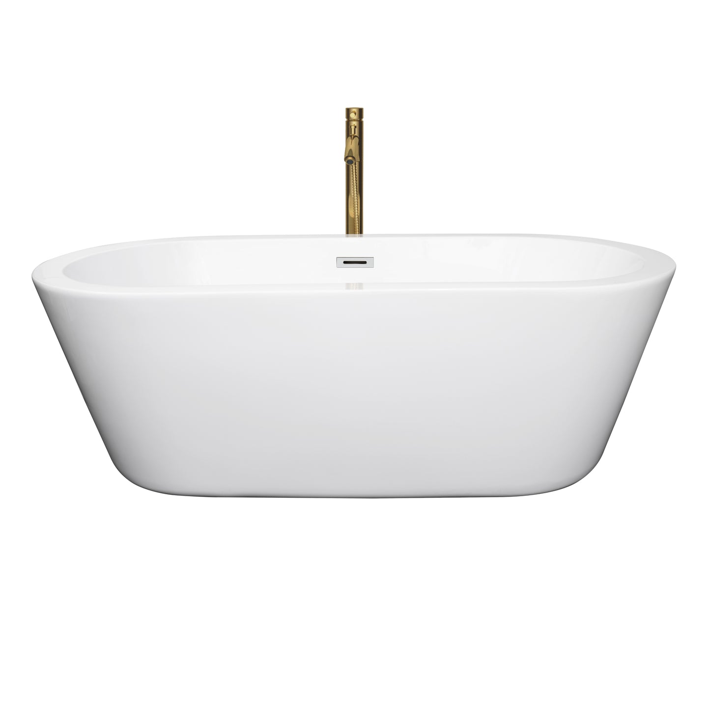 Mermaid 67" Freestanding Bathtub in White, Chrome Trim, Faucet in Brushed Gold